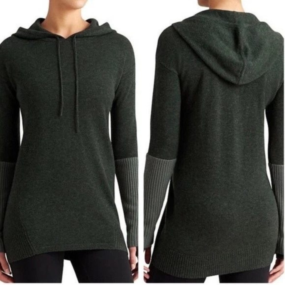 Athleta Nopa Hooded Sweater Womens Sz L Forest Green Merino Wool Cozy Athleisure